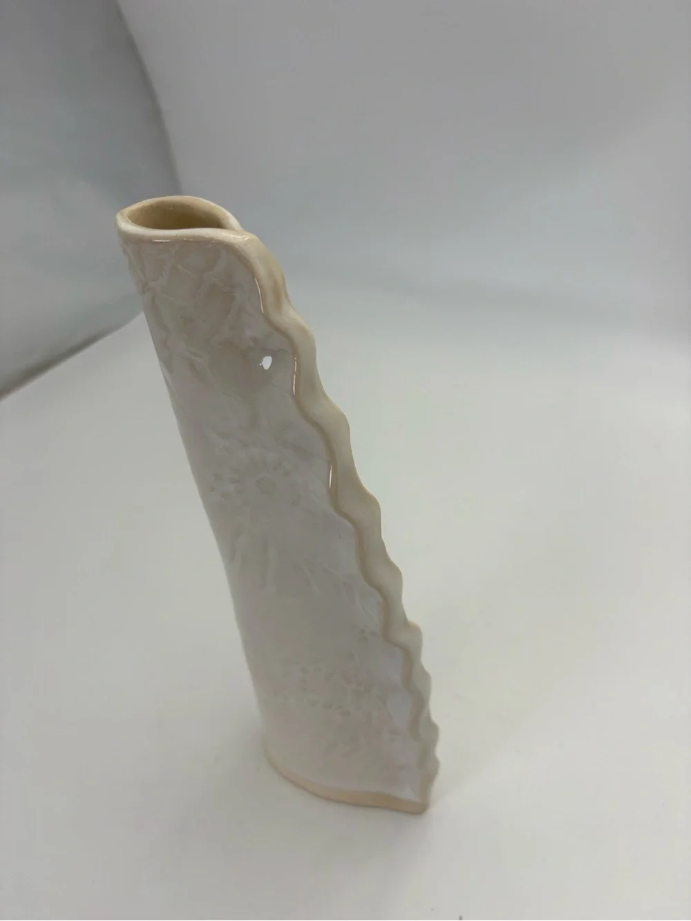 Signed Handmade Cream Ceramic Vase with Subtle Sun and Floral Texture
